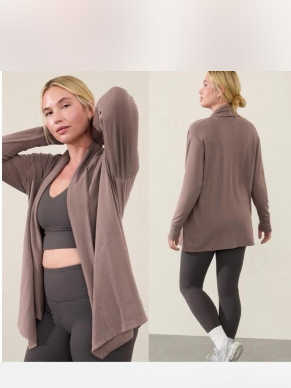 Athleta Taupe Open-Front Draped Cardigan